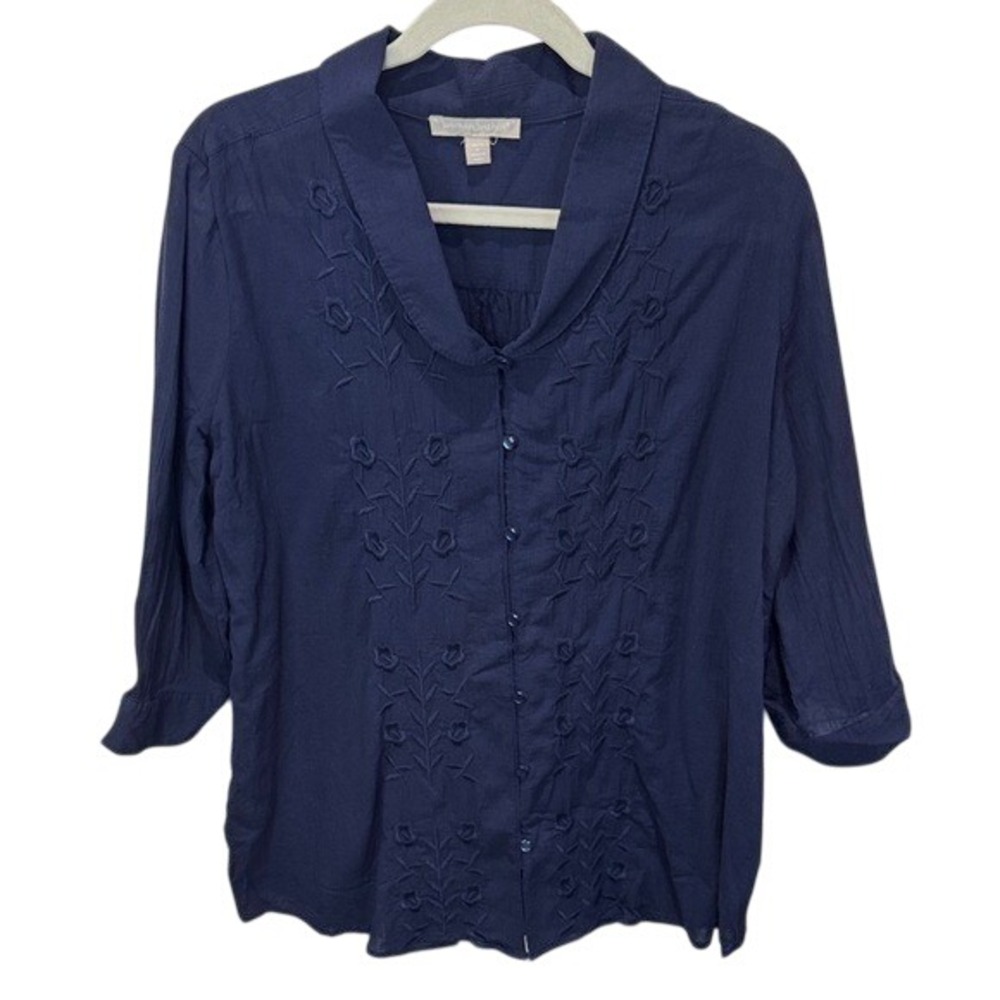 Woman Within Navy Embroidered Button Down 3/4 Sleeve Blouse Top